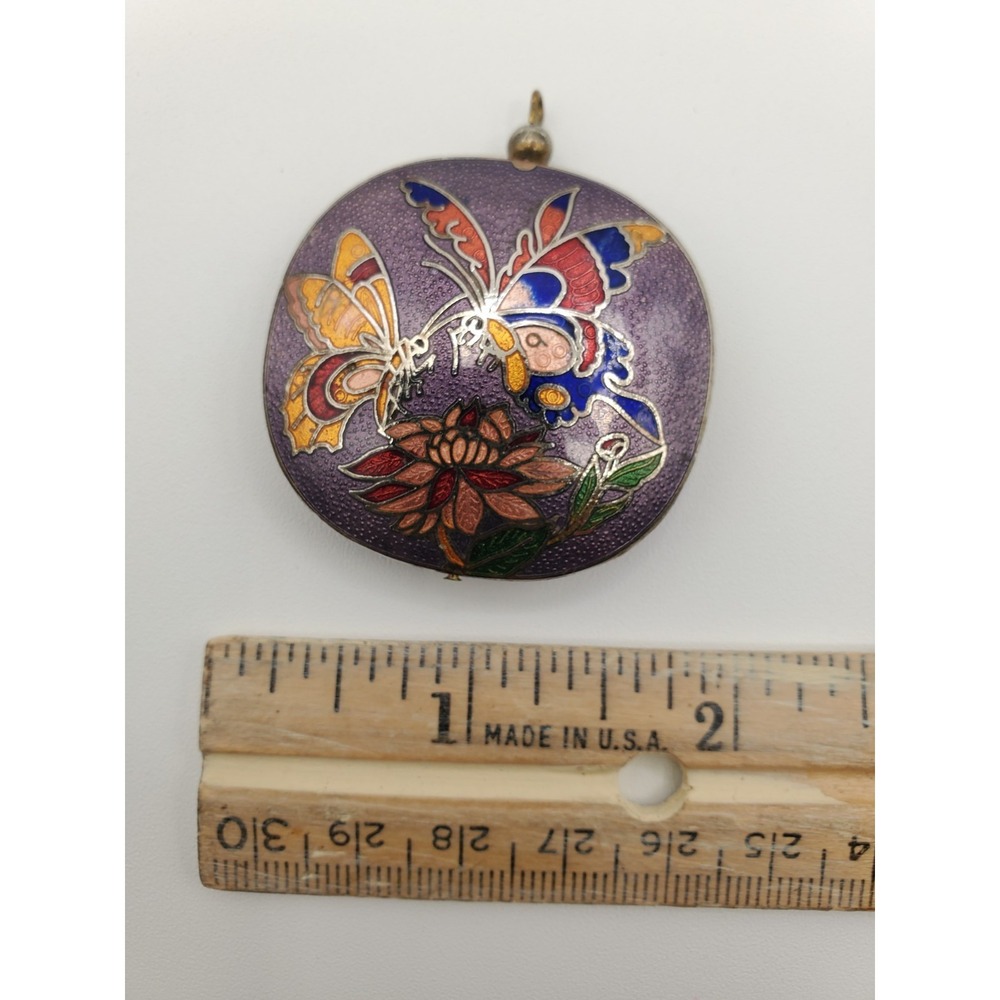 Vtg Cloisonne Butterfly & Flowers Two Sided Pendant - Picture 2 of 4